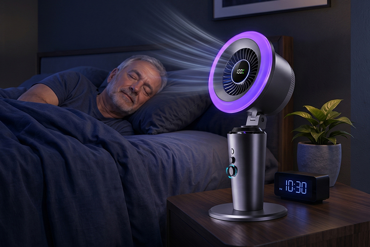 Coolizi SilentFlow Pro fan glowing on a nightstand at night